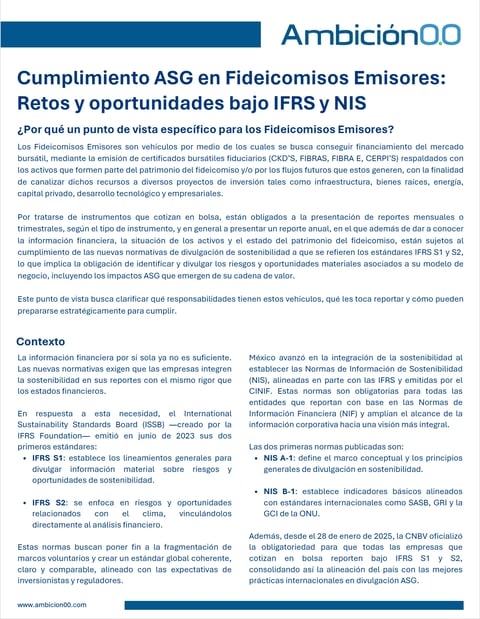 Document about ASG compliance in Fideicomisos Emisores covering challenges and opportunities under IFRS and NIS standards